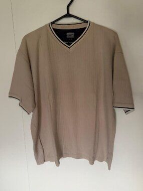 Men’s Beige Short-Sleeve V-Neck Sweater With White and Blue Trim from Positano